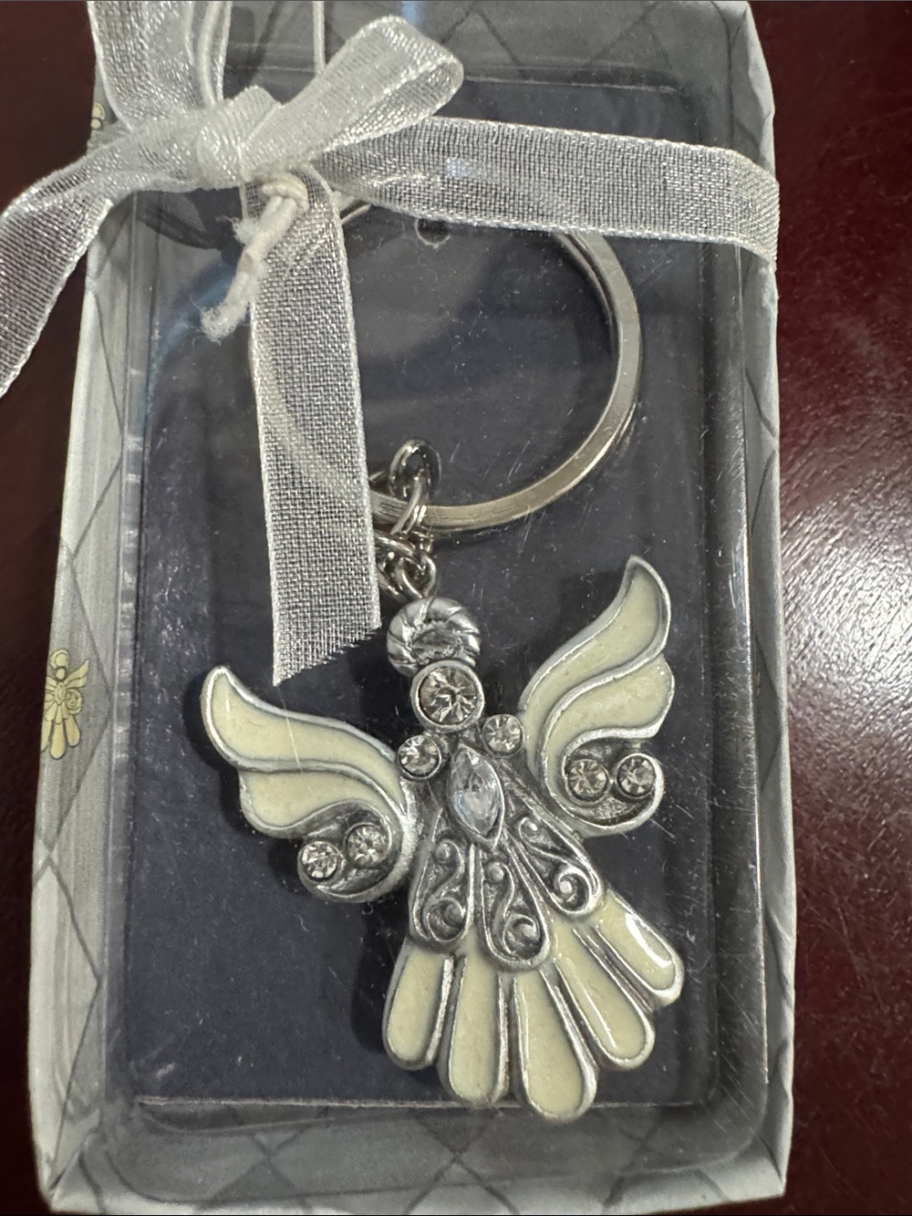 Angel Enamel Keychain Charm in Silver and Cream, new in box